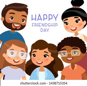 Happy Friendship Day. International young girls and boys friends. Funny cartoon characters