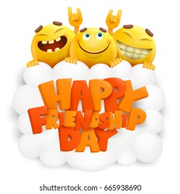 Happy Friendship Day Invitation Card With Three Emoji Smiley Faces. Vector Illustration