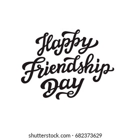 Happy Friendship Day lettering. August holiday. Hand drawn typography text with celtic symbol of friendship isolated on white. For greeting cards, posters, prints, party decorations.Vector calligraphy