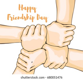 Happy Friendship Day lettering. Partnership between people. Handshake friend concept. Hand drawn vector illustration isolated on white background