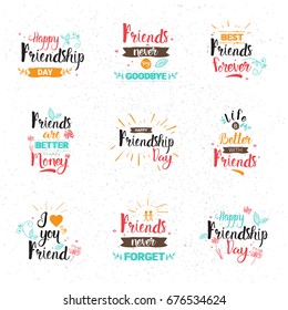 Happy Friendship Day Logo Set Greeting Cards Collection Friends Holiday Banner Vector Illustration