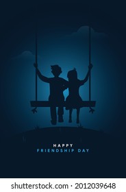 Happy Friendship Day Minimal Poster-Kids Playing on the Swing - Vector