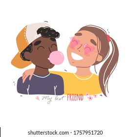 Happy friendship day. Happy multiracial friends holding each other. Portrait of smiling girl and boy. Flat cartoon vector illustration.