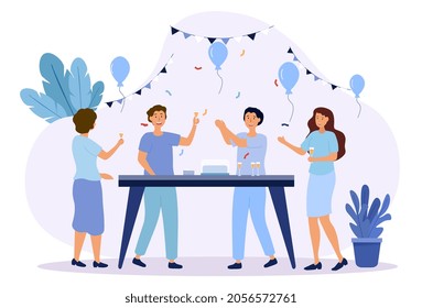 Happy friendship day. Party, holiday. People celebrate important date, champagne. Congratulations for birthday boy, greeting, happy. Cartoon flat vector illustration isolated on white background