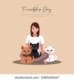 Feliz Día de la Amistad y Tarjeta de Felicitación. Celebración del Día de la Amistad Anuncio con una niña y gatitos Ilustración vectorial.