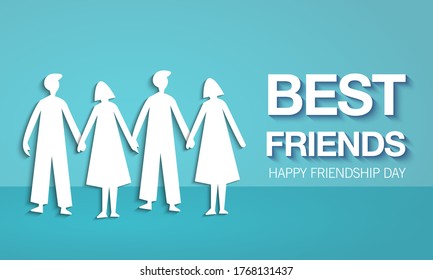 Happy friendship day poster or banner template with cut out of paper friends. Friendship greetings and gifts