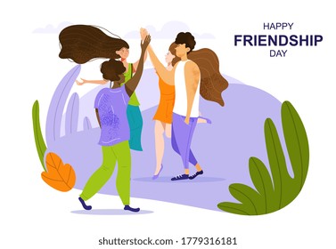 Happy Friendship Day poster design with two diverse young couples greeting each other with high fives outdoors in nature, colored vector illustration