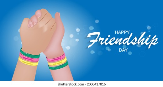 Happy friendship day poster. Realistic greeting card with friendship hands and bracelets. Festive postcard. Vector