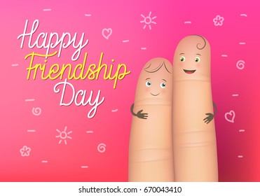 Happy friendship day poster. Realistic finger people card. Celebration card showing affection and bond between real friends. Flat style vector illustration on pink background