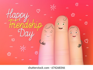 Happy friendship day poster. Realistic finger people card. Celebration card showing affection and bond between real friends. Flat style vector illustration on red background