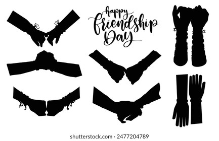 Happy Friendship Day. Silhouettes of couple hands making love, shaking hands, hold fingers. Perfect for design posts, banners, flyers. Editable. EPS 10.