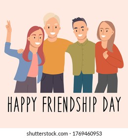 Happy Friendship Day. Smiling Yong People Hug Each Other. Vector Hand Drawn Illustation.