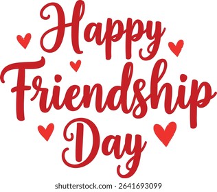 Happy Friendship Day text art design with red lettering and small hearts, isolated on a white background. Perfect for cards, social media, and celebrations.