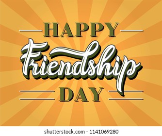 Happy friendship day text design element on bright rays background. Happy Friendship day vector typographic design. Temolate for invitations, posters, greeting cards, T-shirt design.