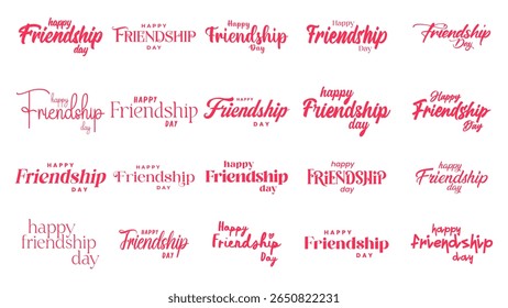 Happy Friendship Day Text Set Greeting Cards Collection Friends Holiday . Happy Friendship Day cute hand lettering set Vector Illustration.