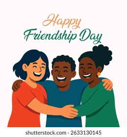Happy Friendship Day Three Friends Embrace Vector Illustration