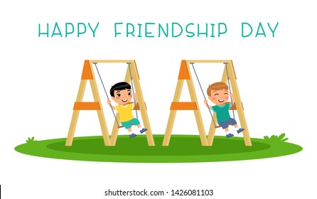 Happy friendship day. Two cute little boys swinging on swing in public park or kindergarten playground. Place for games. Happy school or preschool kids friends playing together outside. 