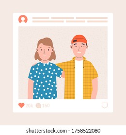 Happy friendship day. Two friends hugging together. Social network photo with smiling people. Flat vector illustration
