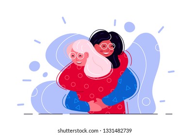 Happy friendship day. Two girls hugging and smiling for friend celebration event. People hugging together. Hug. Women happy to each other. Love, relatives. Friends embracing and laughing. Stop racism.