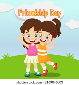 Happy Friendship Day. Happy Two Girls Cartoon In The Grass