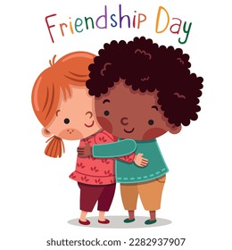 Happy Friendship Day. Two international children hugging. Funny cartoon character. Vector illustration. Isolated on white background.
