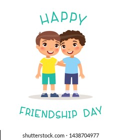 Happy Friendship Day. Two сute little boys hugging.
Funny cartoon character. Vector illustration. Isolated on white background
