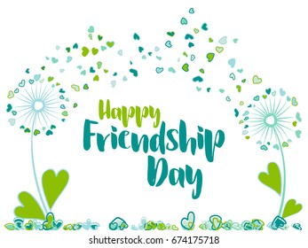 Happy Friendship Day vector card with blue and green dandelion herbs. Blow ball flower with heart shaped feather illustration. Friends Day card or banner with dandelion flower and hearts love symbols.