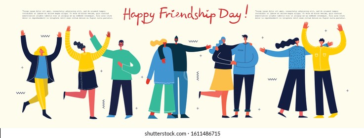 Happy Friendship day. Vector concept background with the group of happy people - best friends in a flat style.