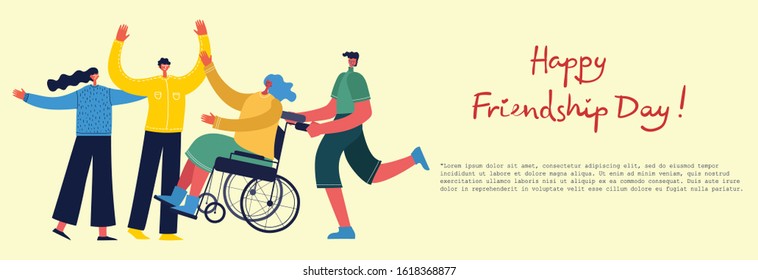 Happy Friendship day. Vector concept background with the group of happy people best friends of the girl with disability in a flat style.