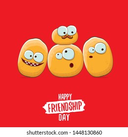 Happy Friendship day vector illustration. funky kids potato with friends.vector friends tiny kids potato characters having fun isolated on red background. 