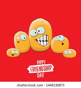 Happy Friendship day vector illustration. funky kids potato with friends.vector friends tiny kids potato characters having fun isolated on red background. 