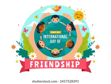 Happy Friendship Day Vector Illustration with Young Boys and Girls of Hugging Together or Putting Their Hands in Flat Cute Cartoon Background