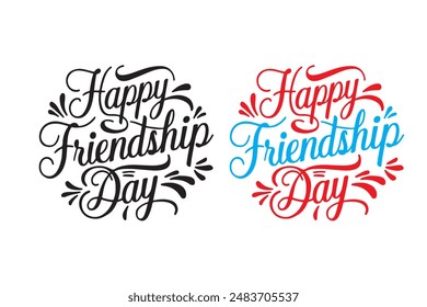 Happy Friendship Day Vektorillustration mit Text und Liebe Elemente zum Freundschaftstag 2024. Freundschaftstag Typografie Grußkarte Kreative Idee mit buntem Hintergrund.