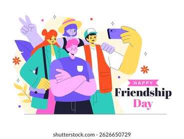 Happy Friendship Day Vector Illustration Featuring Young Boys and Girls Hugging Each Other or Putting Their Hands Together in a Flat Background