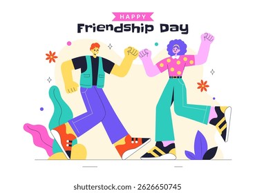 Happy Friendship Day Vector Illustration Featuring Young Boys and Girls Hugging Each Other or Putting Their Hands Together in a Flat Background
