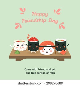 Happy Friendship Day. Vector illustration of a cute cartoon rolls, sushi. Tasty set of Japanese cuisine. Japanese food. Template for  brochure, flyer, poster, discount. Eps 10