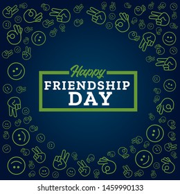 Happy Friendship Day, vector lettering design with icons on blue background. Perfect for greeting card