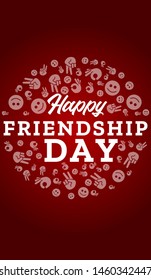 Happy Friendship Day, vector lettering design with icons on red background. Perfect for greeting poster