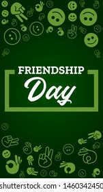 Happy Friendship Day, vector lettering design with icons on green background. Perfect for greeting poster