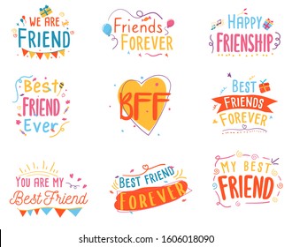 Happy Friendship day vector typographic colorful design set. Inspirational quotes.  Best friends forever.