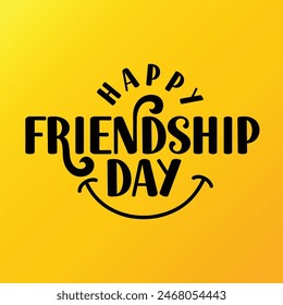 Happy Friendship Day vector typography illustration with a smile sign on yellow background. Friendship day hand drawn greeting card. friendship day lettering logo design.