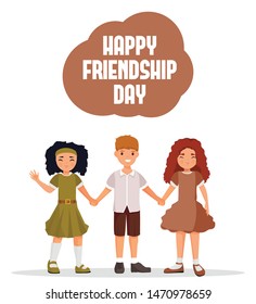 Happy friendship day web banner, poster, card. Group of kids holding hands and celebrating holiday of friendship. Vector illustration.