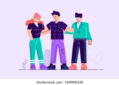 Happy friendship day web banner with diverse friend group of people hugging together for special event celebration. guy and a girl, Best Friends concept. People character. Use in Web Project and App