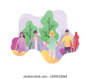 Happy friendship day web banner with diverse friend group of people hugging together for special event celebration