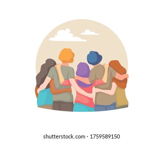 Happy friendship day web banner with diverse friend group of people 
hugging together. Young generation team hug on social event holiday.