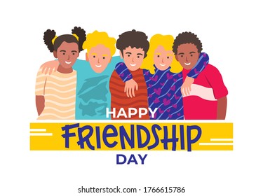 Happy friendship day web banner with diverse friend group of 
people hugging together. Young generation team hug on social event holiday.