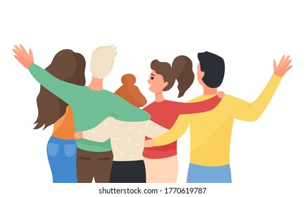 Happy friendship day web banner with group of young people hugging together from back side. Cheerful friends isolated on white background. Colorful flat cartoon vector illustration.