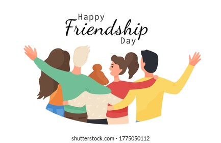 Happy friendship day web banner with group of young people hugging together from back side. Cheerful friends isolated on white background. Colorful flat cartoon vector illustration.