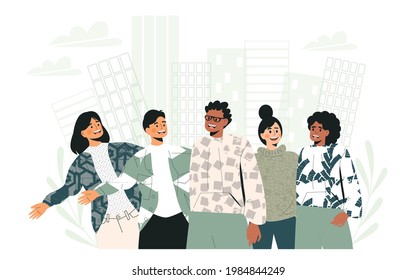 Happy friendship day web banner. Young people walking in  green eco city, ecological urban landscape. Unity in diversity. Diverse group of friends hugging together. Flat vector cartoon illustration 