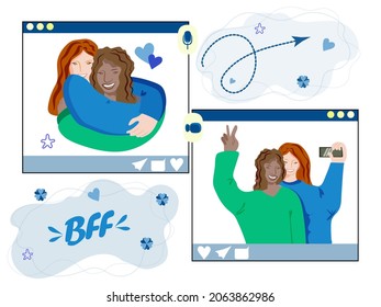 Happy Friendship Day Web Banner, Special Holiday Illustration. Two girls hug and smile for a photo. Online communication.